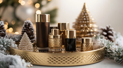 Luxury beauty products on a gold tray surrounded by Christmas decor Elegant holiday setup for cosmetics display Front view Copy space