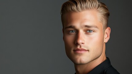 Obraz premium Man with slicked-back blonde hair studio headshot neutral gray background
