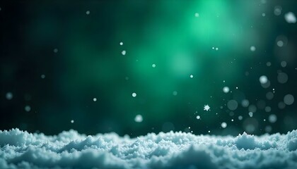 Obraz premium Christmas green background with a light dusting of snow, featuring snowflakes delicately landing on the surface with copy space