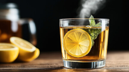 Steaming glass of herbal tea with lemon slice and mint leaves, on a wooden table with blurred background of lemon halves and teapot.