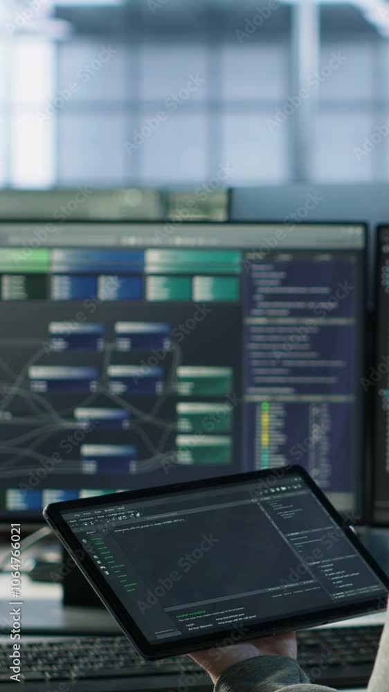 Poster computer scientist in data center uses artificial intelligence neural networks doing computing proce