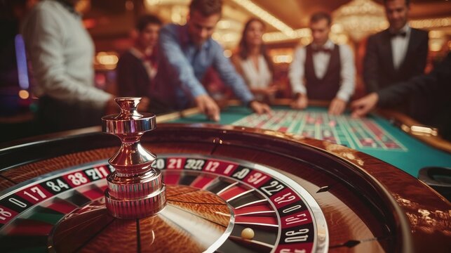 A lively group of people is enthusiastically playing roulette in a casino