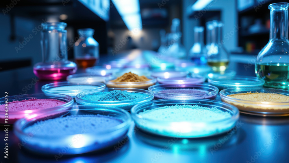 Poster a lab table filled with colorful test tubes and beakers.