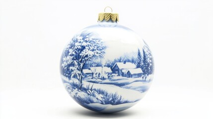 Christmas ball with blue and white winter scene, isolated on white for a cozy holiday vibe