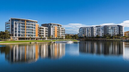 Modern apartment buildings reflect in a serene lake under a clear blue sky.