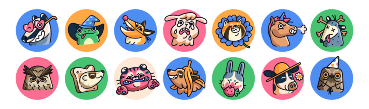 Funny round avatars of cute animals set. Circles with happy, sad, crying faces of baby characters for user profile. Portraits of different emotions. Flat isolated vector illustrations on white