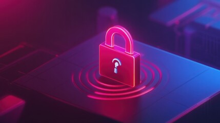 Neon Lock Symbol on Digital Background