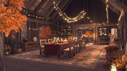 Obraz premium A cozy barn filled with laughter and celebration, perfect for a Thanksgiving gathering with friends.A cozy barn filled with laughter and celebration, perfect for a Thanksgiving gathering with friends.