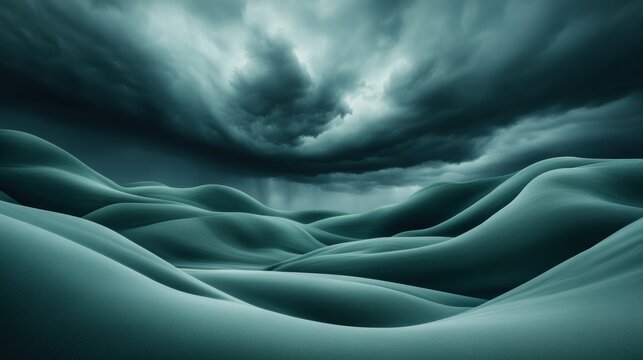 Stormy skies loom over surreal, rolling green dunes, creating a dramatic landscape, AI