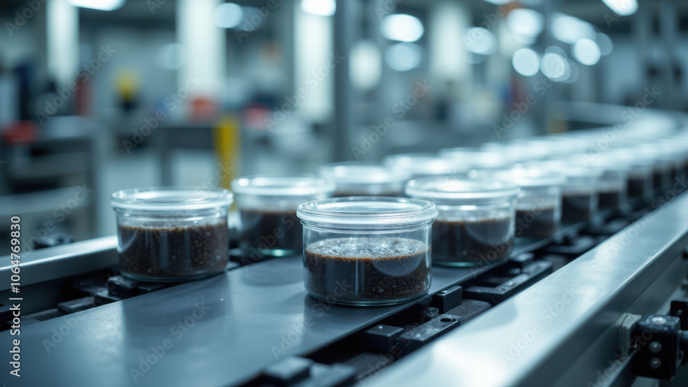 Aufkleber industrial setting with rows of cups on an assembly line.