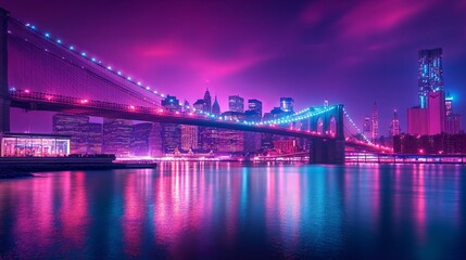 A vibrant fireworks display illuminates the night sky, casting an ethereal glow over the iconic Brooklyn Bridge and the tranquil river below. The city of New York, a kaleidoscope of lights