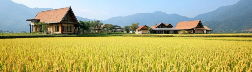 Scenic view of rice fields with traditional houses against a mountainous backdrop.