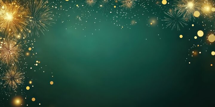 Happy New Year, Beautiful creative holiday background with fireworks and Sparkling on green background, space for text	
