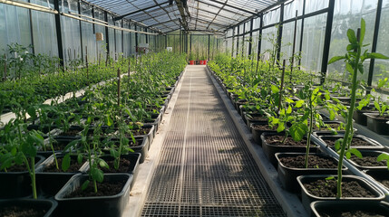Fototapeta premium Rows of young tomato plants thrive in a greenhouse nursery, promising a bountiful harvest