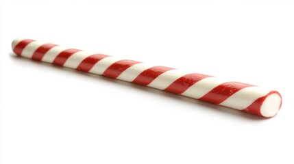 Classic red and white striped candy cane stick isolated on a white background, perfect for holiday themes