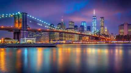 A vibrant fireworks display illuminates the night sky, casting an ethereal glow over the iconic Brooklyn Bridge and the tranquil river below. The city of New York, a kaleidoscope of lights