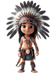 Charming Indigenous Child Character with Feather Headdress