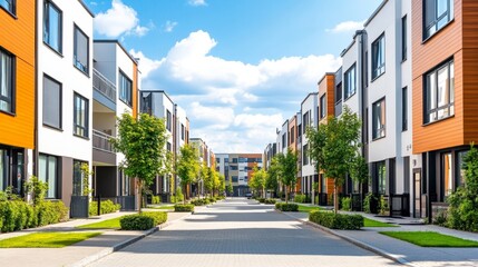 Obraz premium Modern residential street with contemporary houses and greenery under a blue sky.