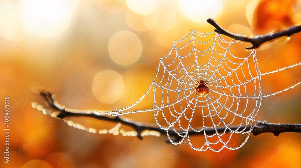 Poster dewy spider web on a branch in soft focus background