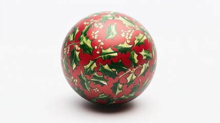 Classic red Christmas ball with green holly patterns, isolated on a white background