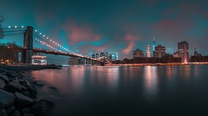 Fototapeta premium A vibrant fireworks display illuminates the night sky, casting an ethereal glow over the iconic Brooklyn Bridge and the tranquil river below. The city of New York, a kaleidoscope of lights