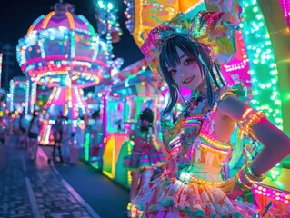 Obraz premium Vibrant anime-inspired carnival filled with dazzling lights whimsical rides and colorful attractions for all ages
