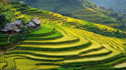 Lush terraced rice fields create a stunning landscape in a rural setting.