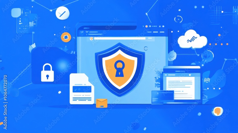 Poster digital security concept with shield and devices