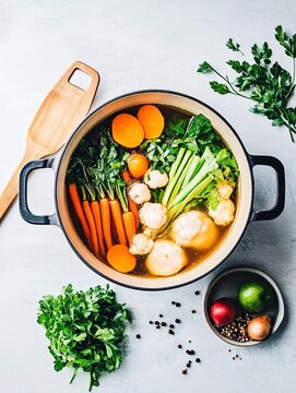 Homemade vegetable broth in a pot.