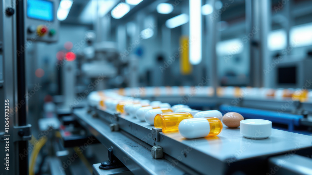 Poster automatic line of pill production in a factory.