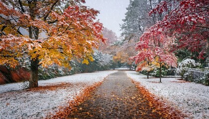 Along a path adorned with colorful autumn leaves, the first snow quietly blankets the ground