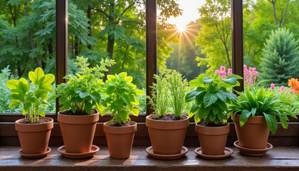 Fototapeta premium Potted herbs on a windowsill with sunrise in the background