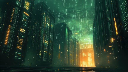 A highly secured data center, server racks green glowing softly, and digital codes floating in the air.