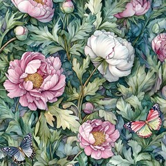 Watercolor Peonies and Butterflies