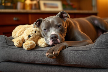 Senior Pitbull resting with a soft toy on a cozy dog bed