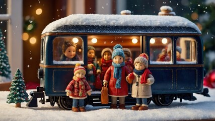 A charming holiday scene features an array of figurines portraying joyful people near a vibrant train, adorned with festive ornaments. The setting captures the essence of Christmas, filled with laught