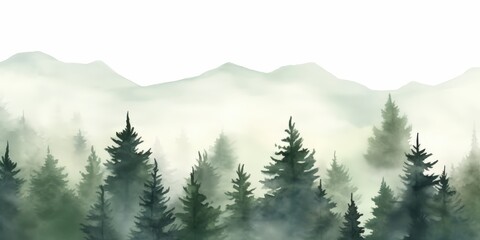 Fototapeta premium Watercolor green landscape of foggy forest hill. Evergreen coniferous trees. Wild nature, frozen, misty, taiga. Horizontal watercolor background.Hand painted watercolor illustration of misty forest