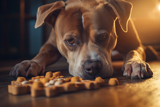 Senior Pitbull interacting with a treat-dispensing toy indoors - Powered by Adobe