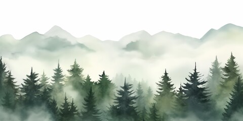Fototapeta premium Watercolor green landscape of foggy forest hill. Evergreen coniferous trees. Wild nature, frozen, misty, taiga. Horizontal watercolor background.Hand painted watercolor illustration of misty forest