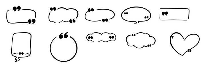 Hand-drawn black outline speech bubbles with quotation marks in various shapes, including round, rectangular, cloud-like, and heart forms, ideal for creative text highlights.