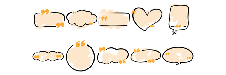 Collection of watercolor-textured speech bubbles outlined in black with orange quotation marks, in various shapes including heart, oval, and cloud, for creative text highlights.