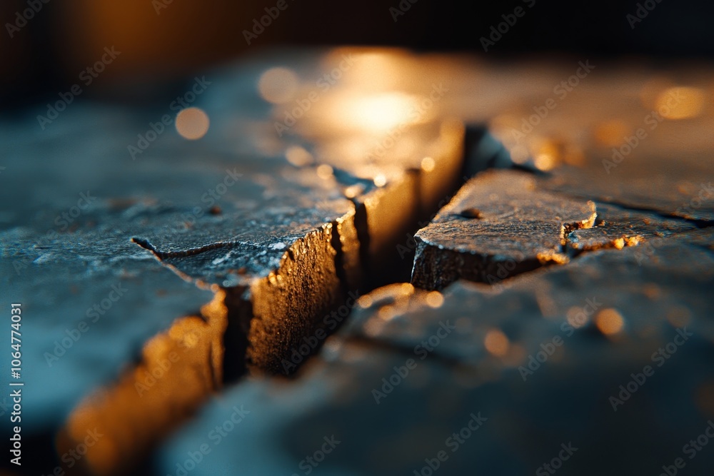 Poster cracked stone surface illuminated by warm light highlighting the texture and depth in an abstract co