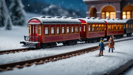 Naklejka premium A cozy Christmas scene shows joyful figurines around a decorated train, surrounded by twinkling lights and festive decor, radiating warmth and holiday spirit
