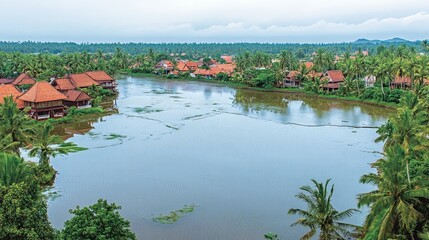 Scenic view of a tranquil water body surrounded by lush greenery and traditional buildings.