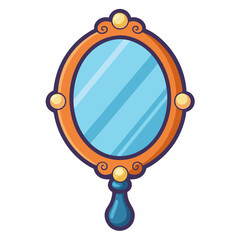 Hand mirror with long shadow in flat style vector illustration. Simple makeup hand mirror for women clipart cartoon style, hand drawn doodle style. Mirror with handle cute vector illustration flat des
