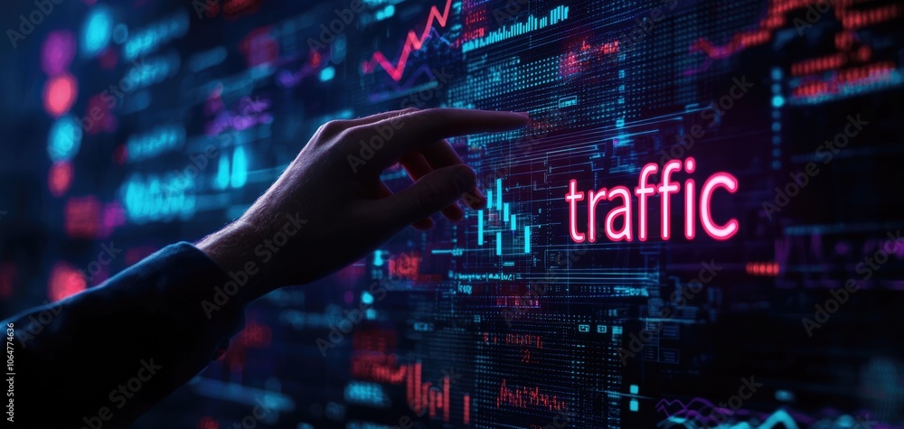 Poster data scientist reviewing website bounce rate analytics, surrounded by futuristic tools the word 