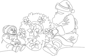 Outlined Cute Santa Claus Cartoon Character With A Sack Full Of Gifts. Vector Hand Drawn Illustration. One continuous line drawing Santa Claus on reindeer and sled. concept for Christmas and New Year