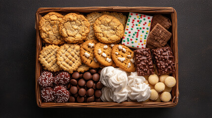 Delight in festive assortment of cookies and sweets, featuring chocolate covered treats, colorful candies, and classic baked goods, perfect for sharing