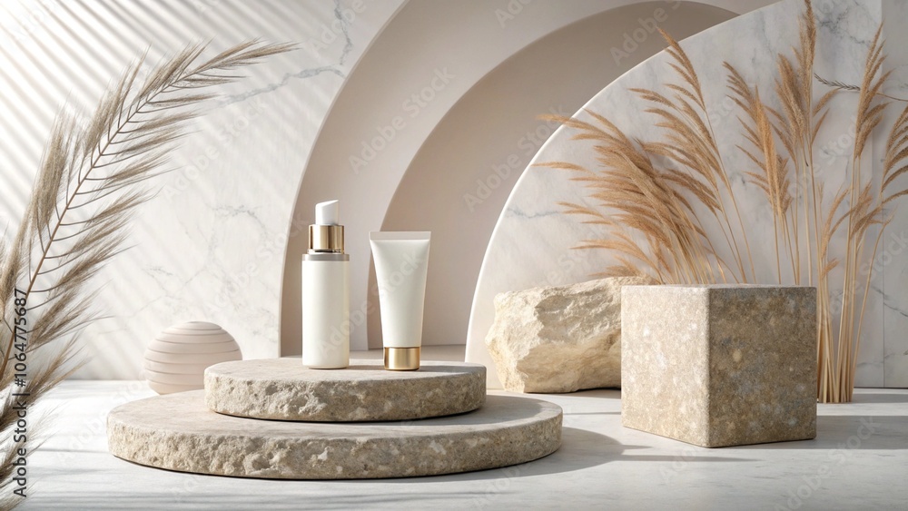 Poster abstract background for cosmetic product display, stone podium minimal background. 3d rendering.