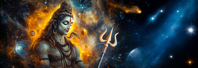 Hindu God Shiva Statue In Meditation In sky, shiva as cosmic form in galaxy Shiva's cosmic function wallpaper with snake and trident 